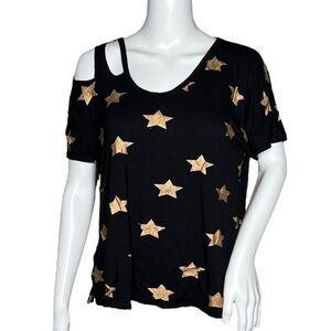 Terez Shirt Womens Small‎ Black Gold Foil Star Print Shoulder Cutout Athleisure